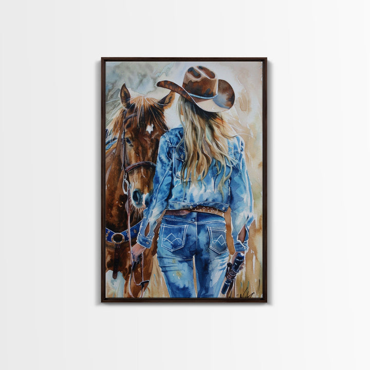 Intense Cowboy and Horse Silhouette - Framed Canvas Print, Western Wall Art, Rustic Decor, Living Room and Bedroom Art Print