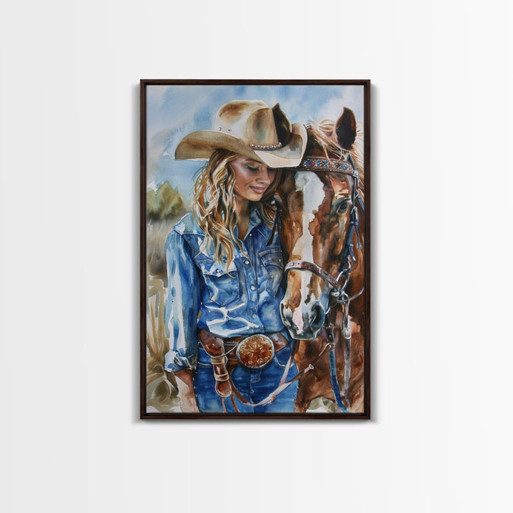 Cowgirl Preparing Horse for Ride - Framed Canvas Print, Western Wall Art, Rustic Decor, Living Room and Bedroom Art Print