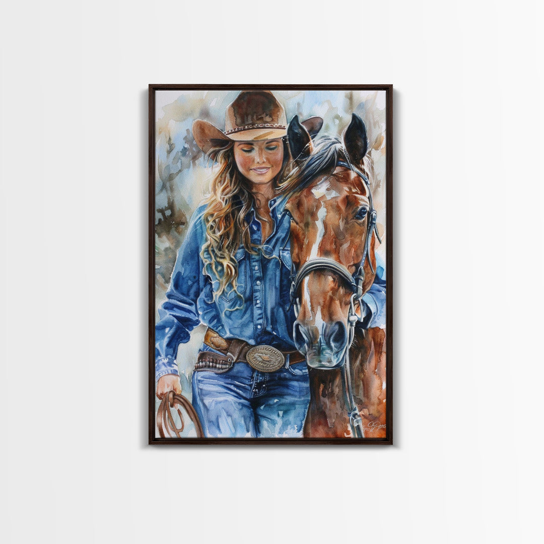 Cowgirl Embracing Horse with Hat - Framed Canvas Print, Western Wall Art, Rustic Decor, Living Room and Bedroom Art Print