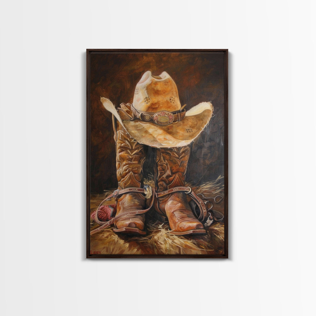 Western Cowboy Boot and Hat Art Print - Framed Canvas Print, Rustic Living Room Decor, Cowboy Wall Art, Western Home Decoration