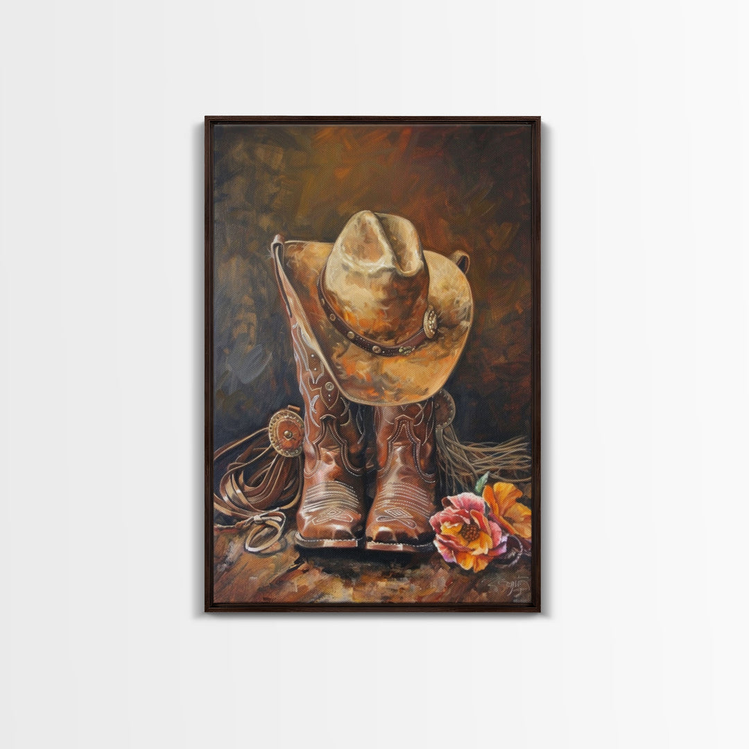 Cowboy Boots and Hat with Flowers Art - Framed Canvas Print, Rustic Wall Decor, Western Bedroom Art, Cowboy Home Decoration