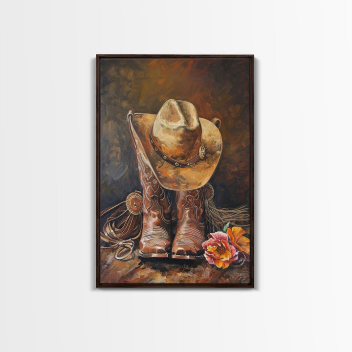 Cowboy Boots and Hat with Flowers Art - Framed Canvas Print, Rustic Wall Decor, Western Bedroom Art, Cowboy Home Decoration