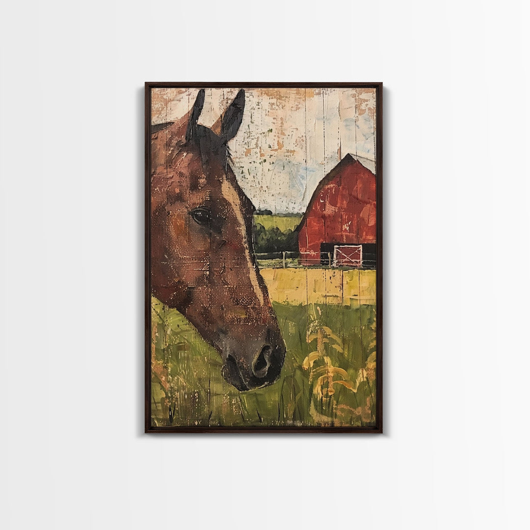 Horse and Barn Rustic Farm Art - Framed Canvas Print, Farmhouse Living Room Decor, Horse Wall Art, Rustic Home Decoration