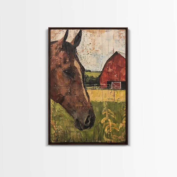 Horse and Barn Rustic Farm Art - Framed Canvas Print, Farmhouse Living Room Decor, Horse Wall Art, Rustic Home Decoration