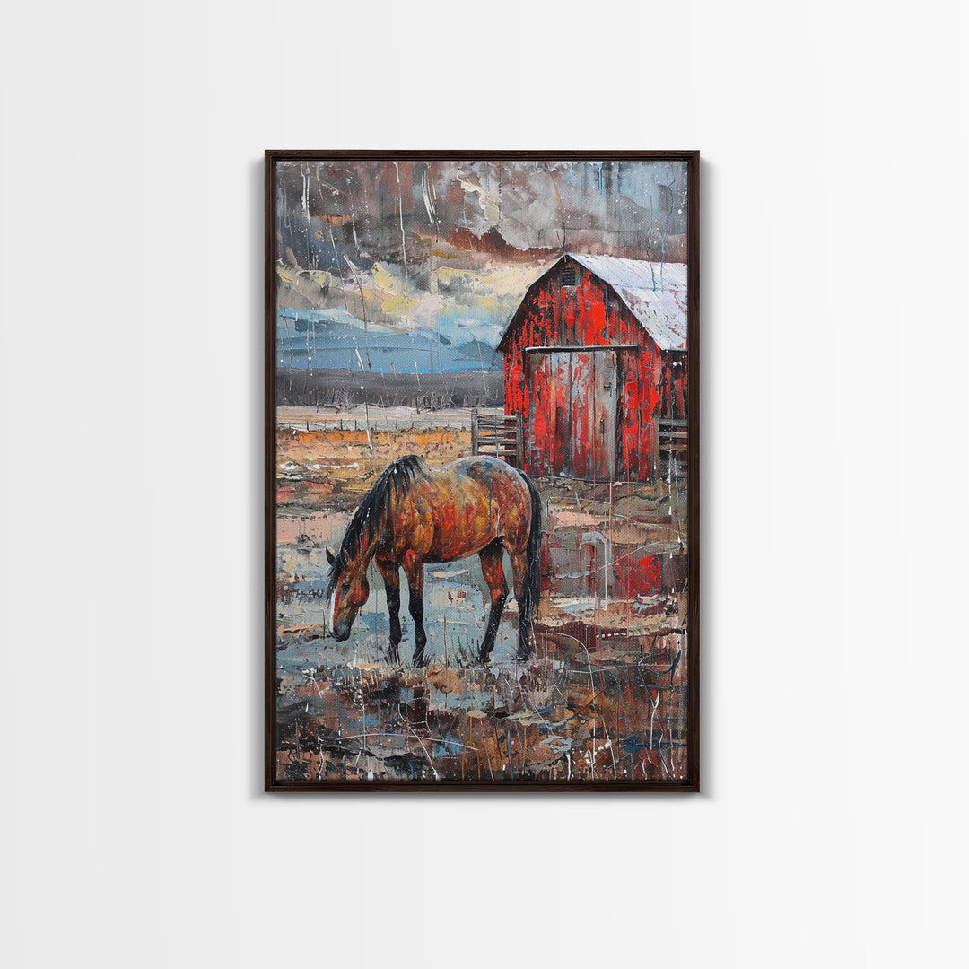 Red Barn and Horse Art Print - Framed Canvas Print, Rustic Living Room Decor, Farmhouse Wall Art, Horse and Barn Home Decoration