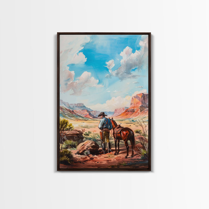 Cowboy and Horse Desert Scene Art - Framed Canvas Print, Western Living Room Decor, Cowboy Wall Art, Desert Home Decoration