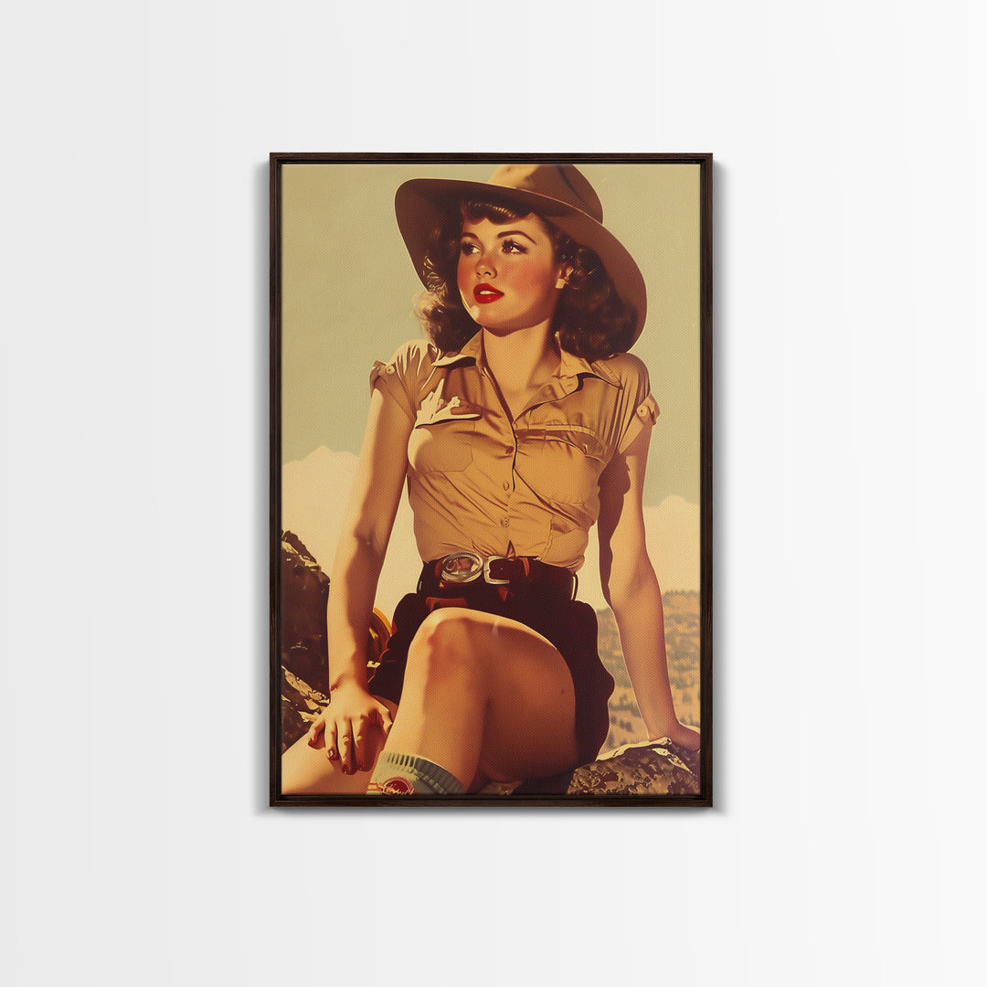 Framed Canvas Print, Retro Pinup Girl Wall Art for Living Room or Bedroom Decor, Vintage Style Poster for Home Decoration, Classic Home Art