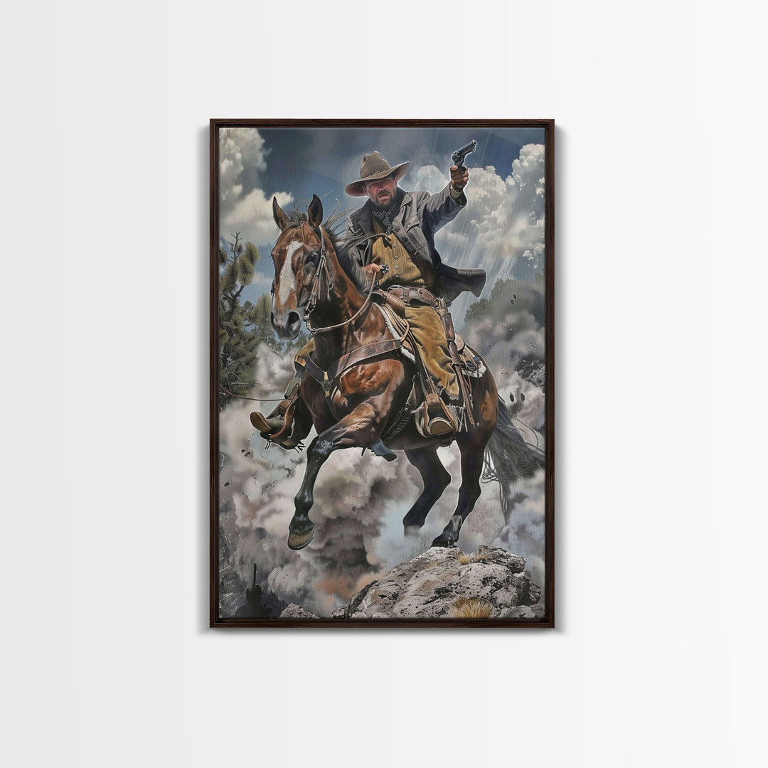 Framed Canvas Print, Cowboy Riding Horse with Gun Wall Art, Western Style Artwork for Living Room or Bedroom Decor, Dynamic Home Art Piece