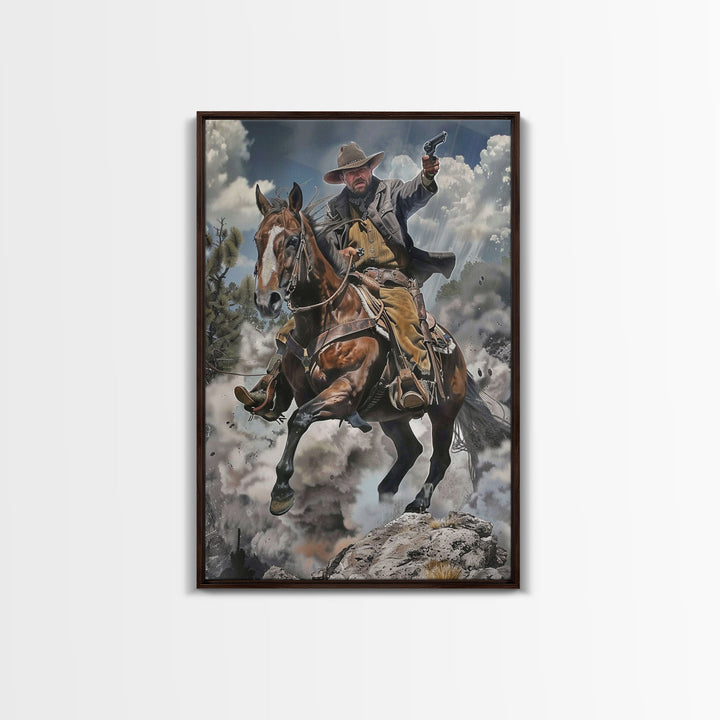 Framed Canvas Print, Cowboy Riding Horse with Gun Wall Art, Western Style Artwork for Living Room or Bedroom Decor, Dynamic Home Art Piece