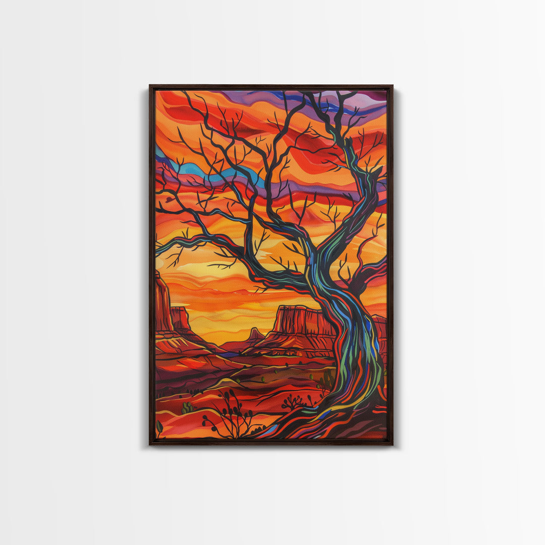 Framed Canvas Print, Vibrant Desert Landscape with Tree Wall Art, Colorful Southwest Decor for Living Room or Bedroom, Nature Wall Art Piece