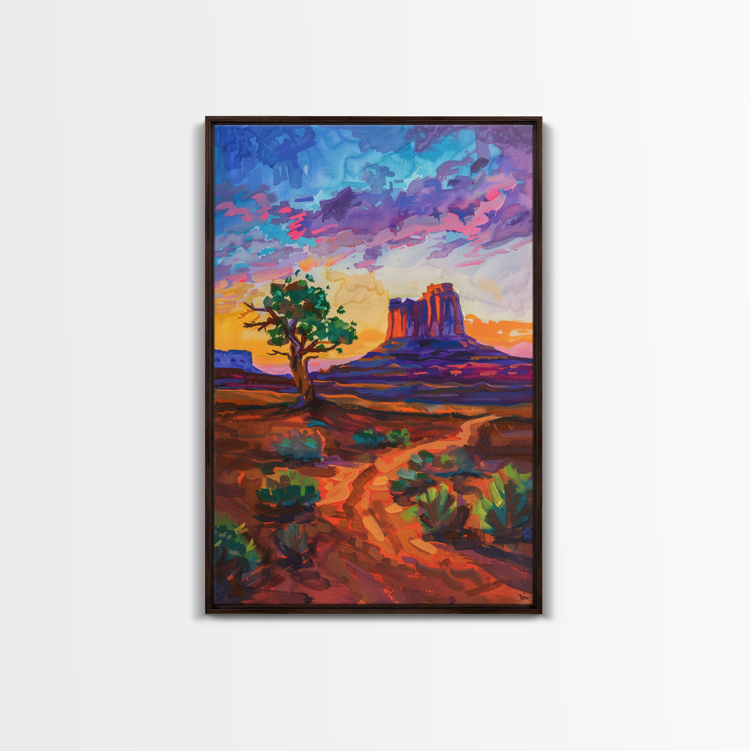 Framed Canvas Print, Sunset Over Monument Valley Wall Art Colorful Desert Scene for Living Room or Bedroom Vibrant Landscape Art Decor Piece