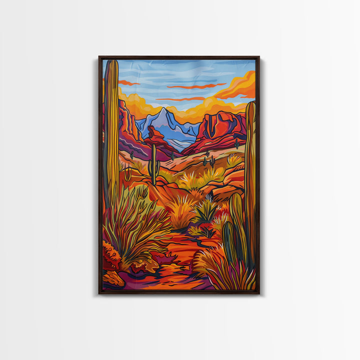 Framed Canvas Print, Desert Landscape with Cacti Wall Art, Colorful Southwest Decor for Living Room or Bedroom, Nature Art Poster Piece