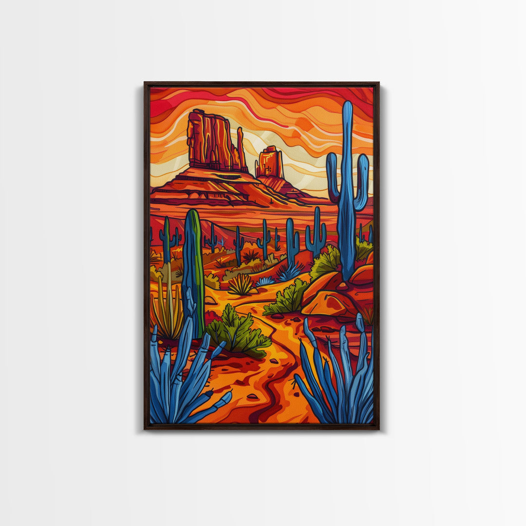 Framed Canvas Print, Vibrant Desert Scene with Cacti and Mesas, Perfect Southwest Wall Art for Living Room or Bedroom Decor