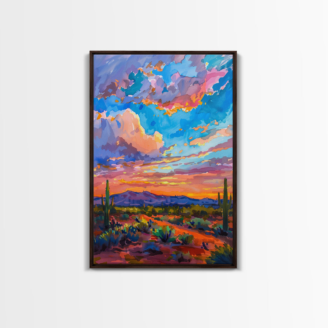 Framed Canvas Print, Colorful Desert Sunset with Cacti, Stunning Wall Art for Living Room or Bedroom Decoration