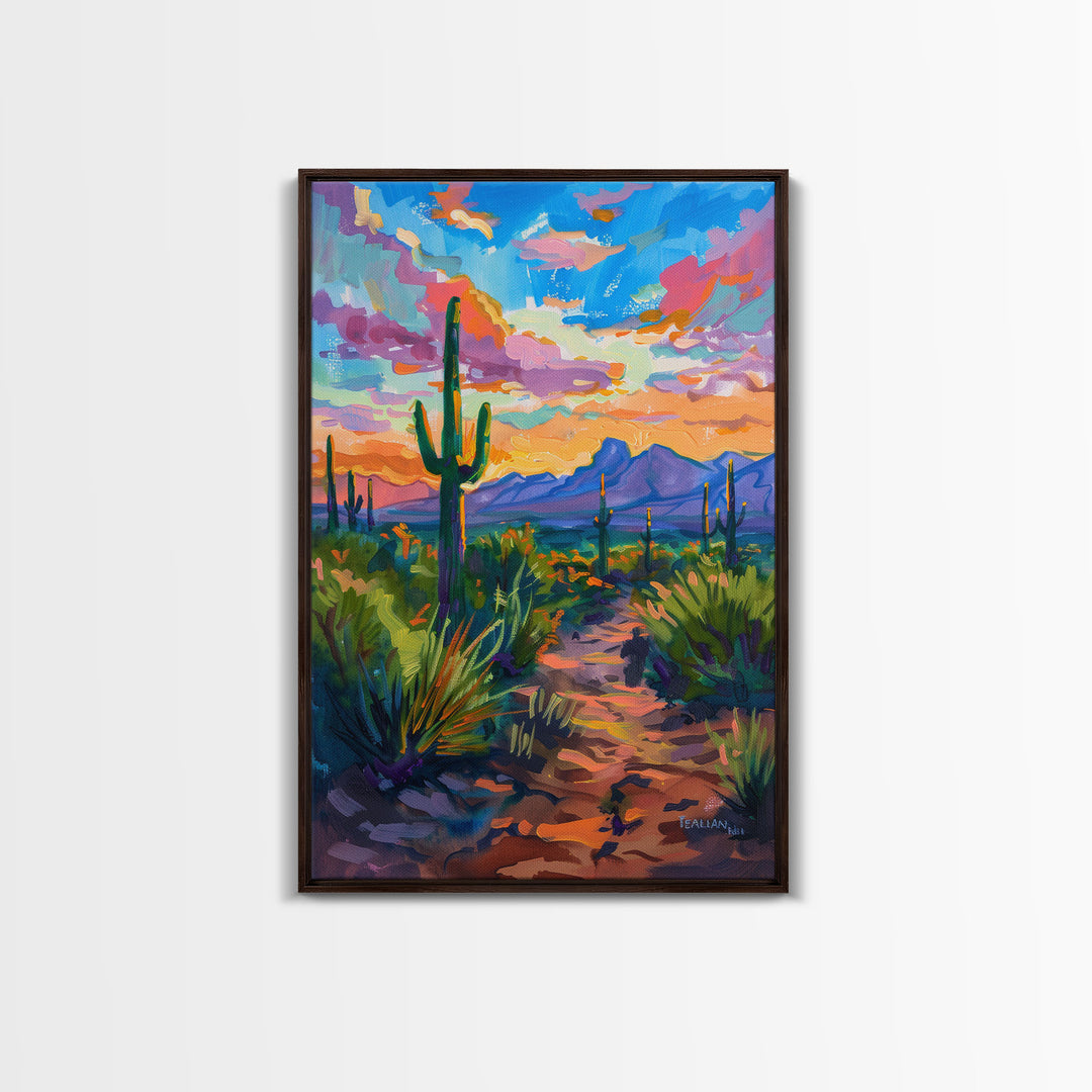 Framed Canvas Print, Sunset Over Desert with Cacti, Stunning Wall Art for Living Room or Bedroom Decor