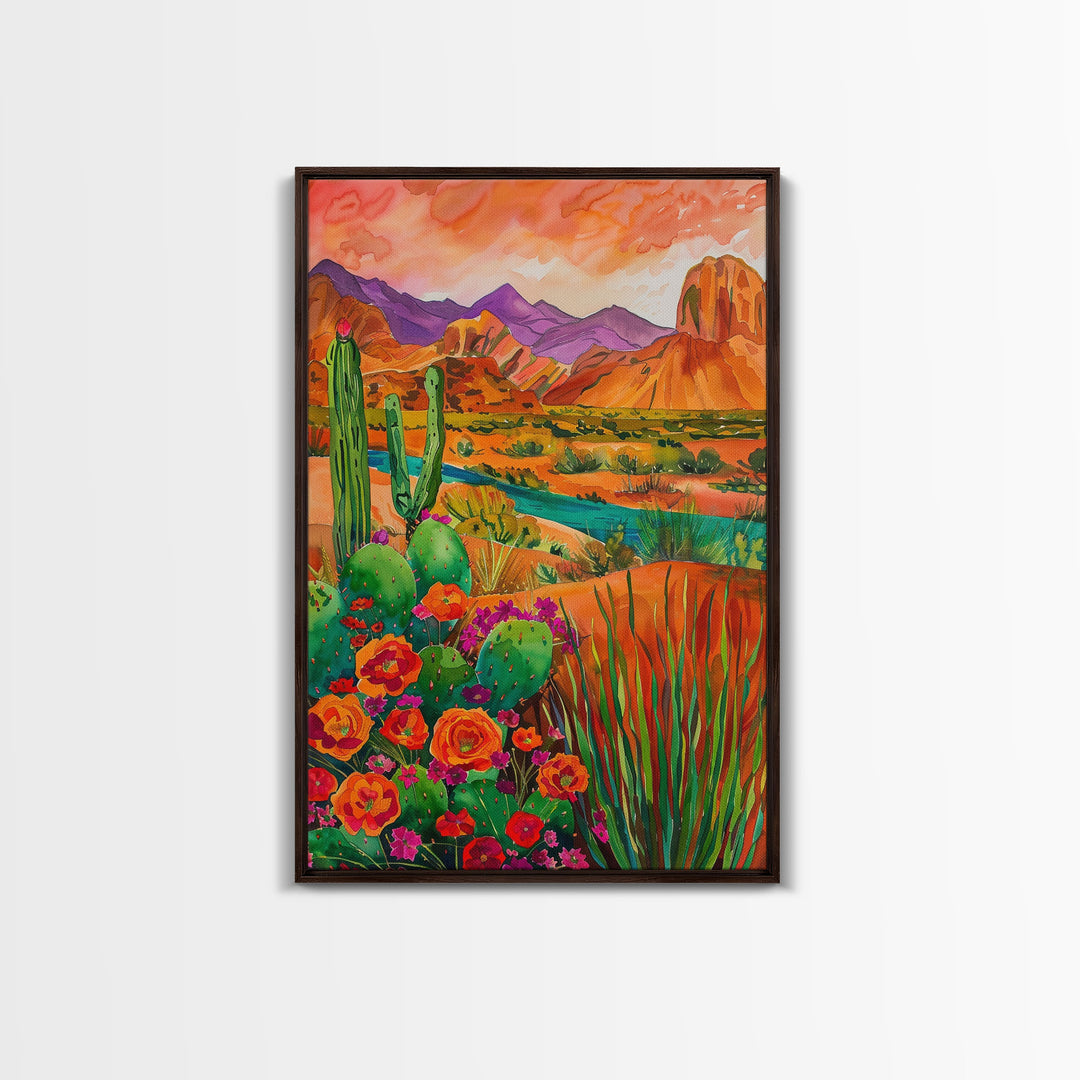 Framed Canvas Print, Colorful Desert Landscape with Blooming Cacti, Beautiful Wall Art for Living Room or Bedroom Decor