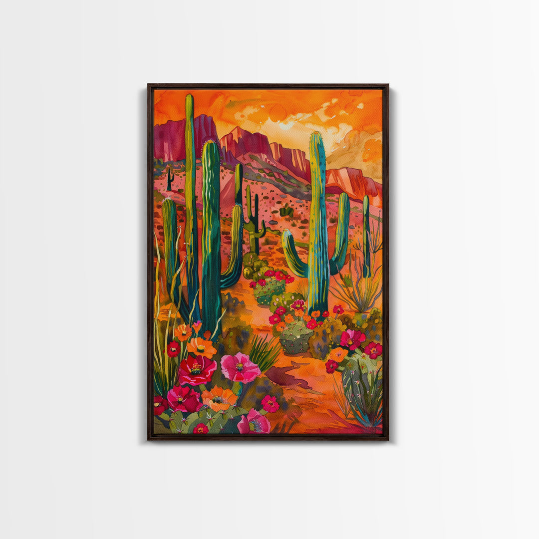 Framed Canvas Print, Vibrant Desert Scene with Saguaro Cacti and Flowers, Unique Wall Art for Living Room or Bedroom