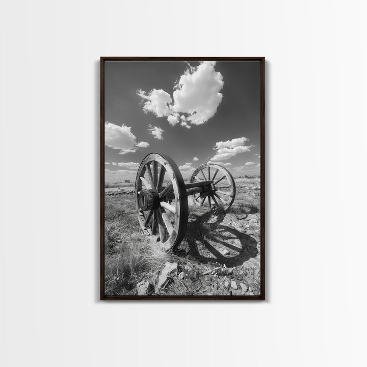 Abandoned wagon wheel on prairie, black and white Western art, Framed Canvas Print, rustic home decor, vintage wall art living room bedroom