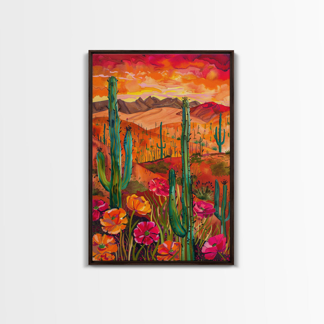 Framed Canvas Print, Vibrant Desert Landscape with Flowers and Cacti, Perfect Wall Art for Living Room or Bedroom Decor