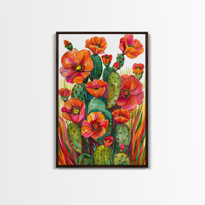 Vibrant Desert Cactus and Flowers, Living Room or Bedroom Wall Art, Framed Canvas Print for Home Decor, Botanical Artwork