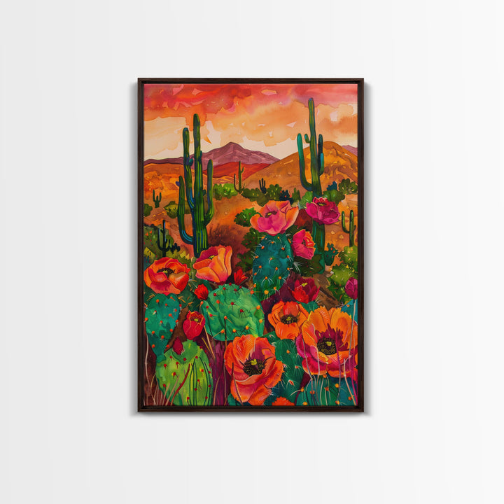 Southwest Desert Landscape with Cacti and Flowers, Colorful Wall Art for Living Room or Bedroom, Framed Canvas Print