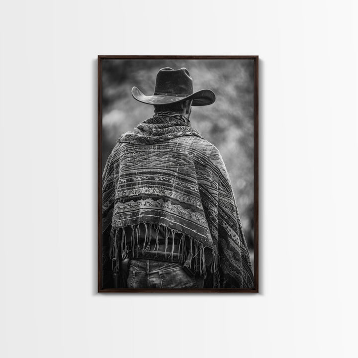 Cowboy in poncho and hat, black and white Western decor, Framed Canvas Print, rustic home art, vintage wall art for living room or bedroom