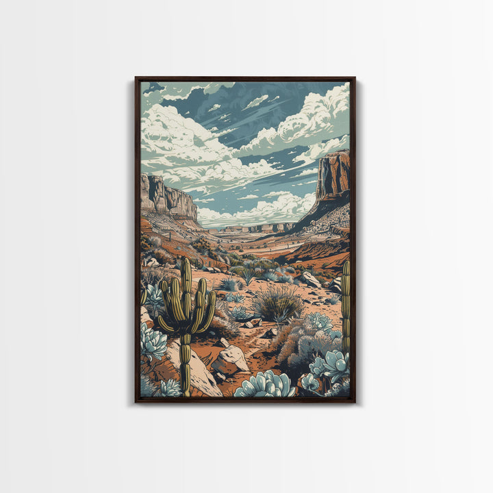 Vintage Western Desert Landscape Art Print, Retro Cactus Framed Canvas, Scenic Southwest Artwork, Unique Desert Wall Decor