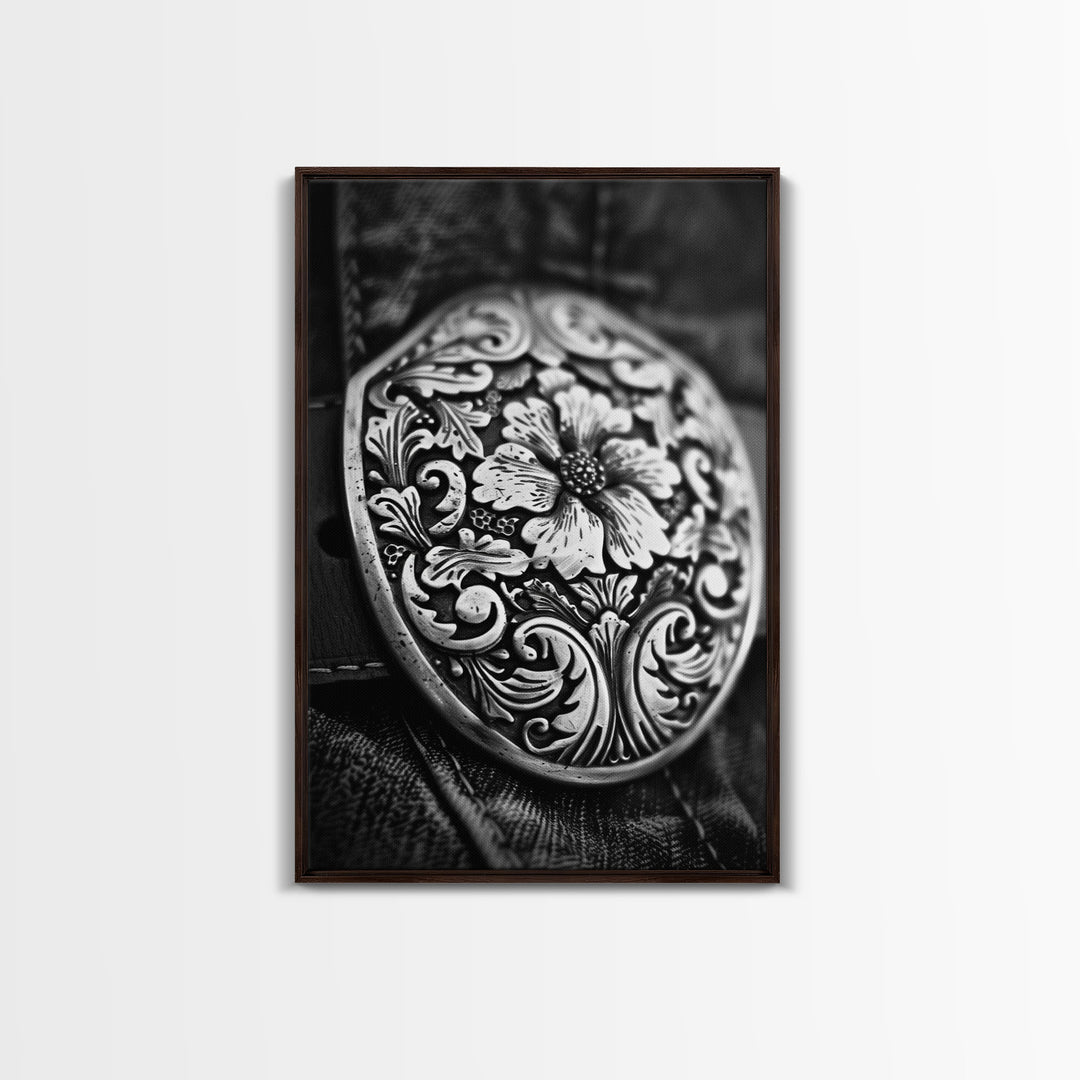 Close-up of Western belt buckle, detailed black and white photography, Framed Canvas Print, rustic home decor, vintage wall art living room