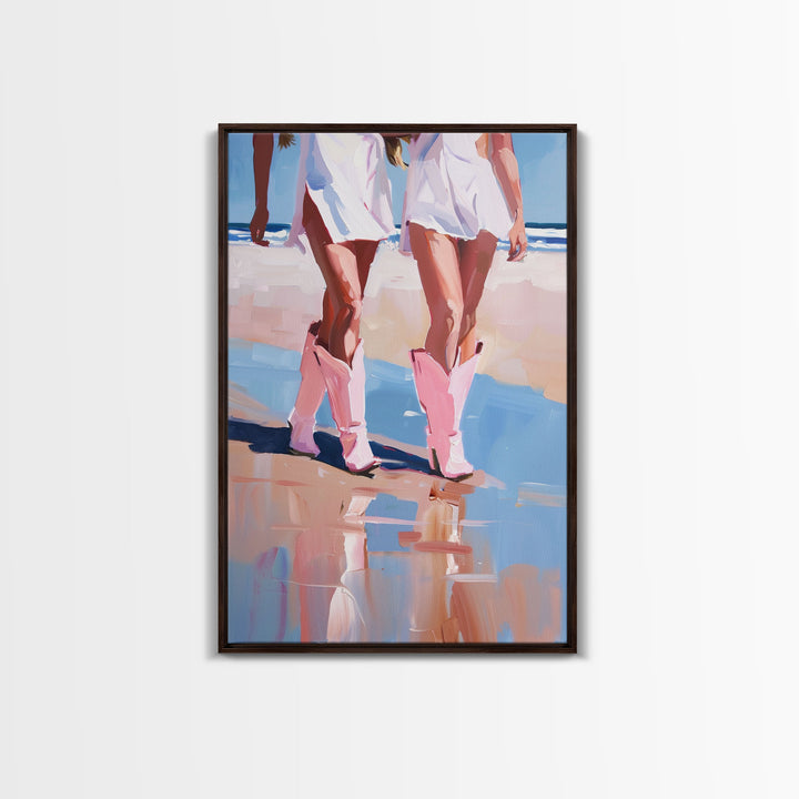 Cowgirls walking on the beach wearing pink cowboy boots, artistic reflection Framed Canvas Print - beach fashion, summer decor, vibrant art