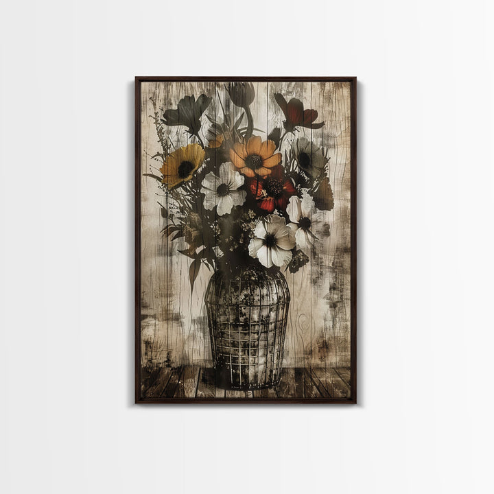 Rustic vase with colorful flowers against a distressed wooden background Framed Canvas Print - floral art, farmhouse decor, rustic wall art