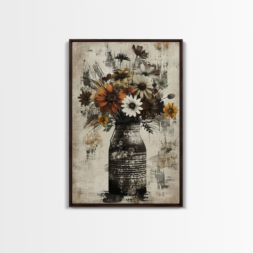 Rustic metal vase filled with autumn flowers on rustic background Framed Canvas Print farmhouse floral rustic decor, vintage flower print