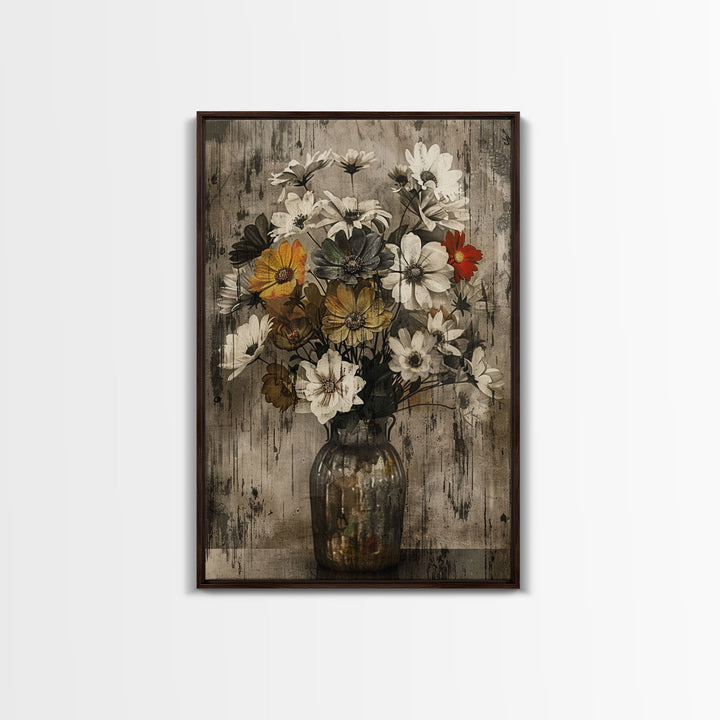 Rustic metal vase with wildflowers on a distressed background Framed Canvas Print - vintage floral art, farmhouse decor, rustic wall art