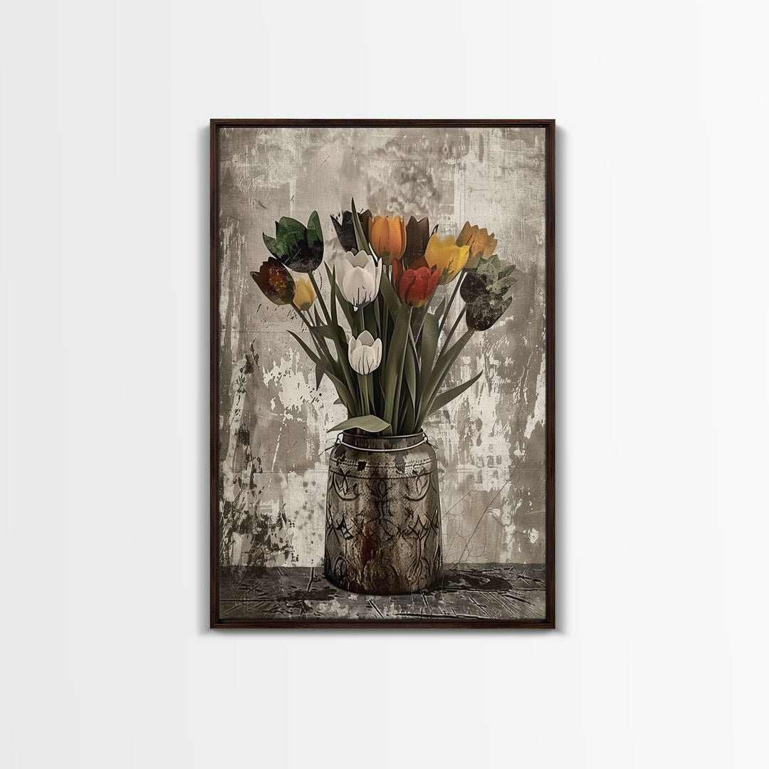 Rustic vase filled with tulips against a distressed background Framed Canvas Print - floral decor, farmhouse wall art, rustic flower print