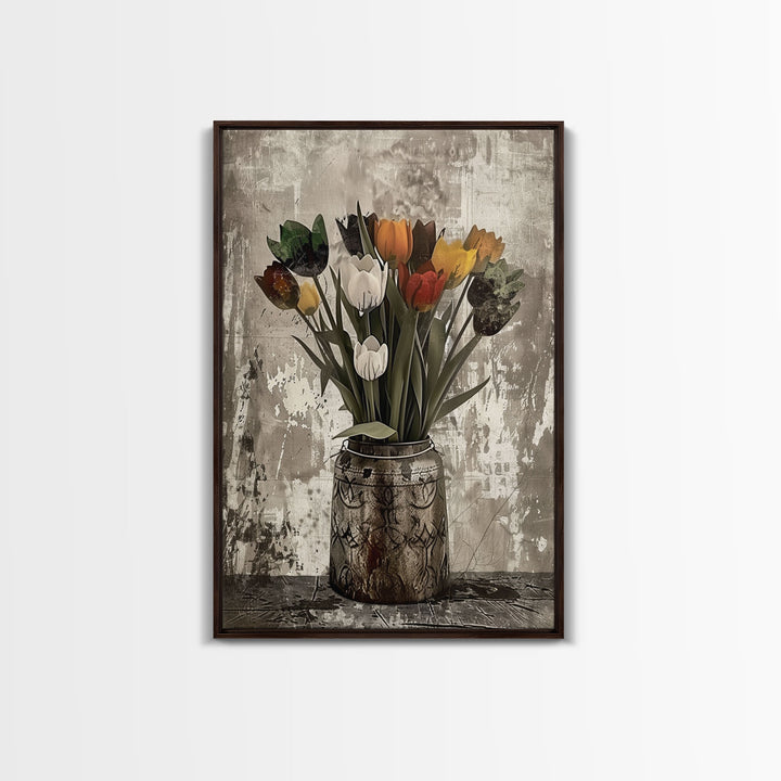 Rustic vase filled with tulips against a distressed background Framed Canvas Print - floral decor, farmhouse wall art, rustic flower print