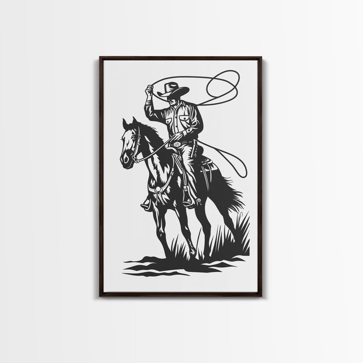 Cowboy Roping Horse Art Print, Western Silhouette Framed Canvas, Vintage Rodeo Cowboy Artwork, Rustic Western Home Decor