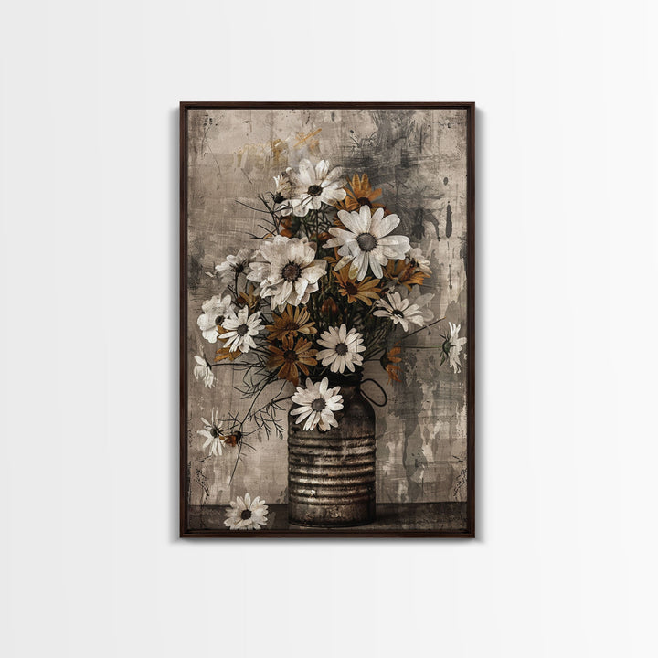 Rustic metal vase with daisies against a distressed background Framed Canvas Print - floral art, farmhouse decor, rustic wall art