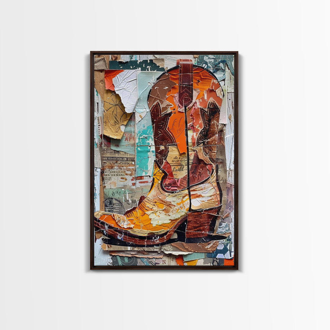 Rustic Cowboy Boot Collage on Distressed Background - Framed Canvas Print, Vintage Western Home Decor, Unique Cowboy Boot Wall Art