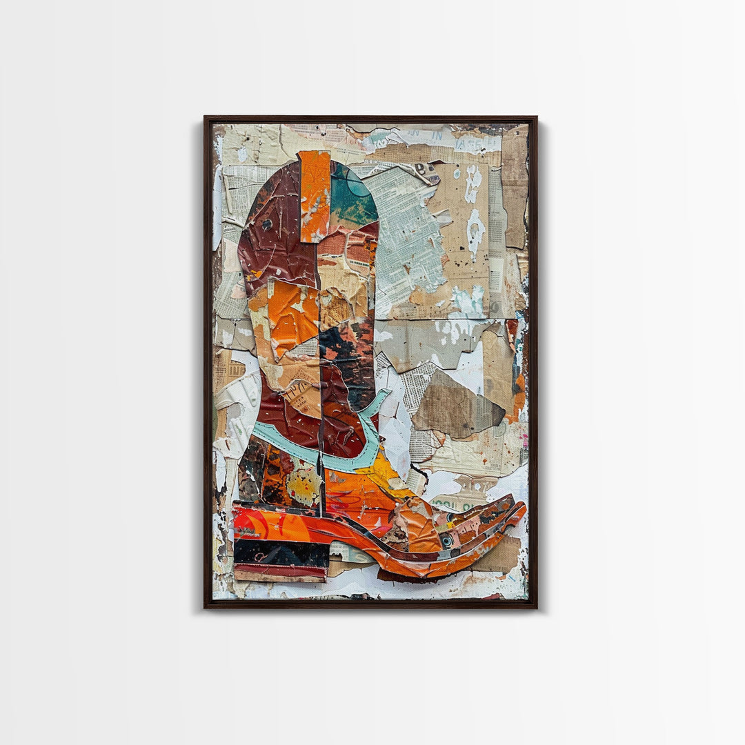 Colorful Western Boot Collage Artwork on Textured Background - Framed Canvas Print, Cowboy Boot Wall Art, Western Home Decor