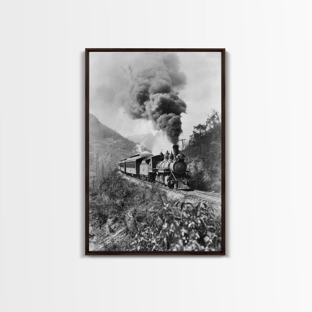 Vintage Train in Motion Black and White Photography - Framed Canvas Print, Railroad Art, Rustic Train Wall Art for Home Decor