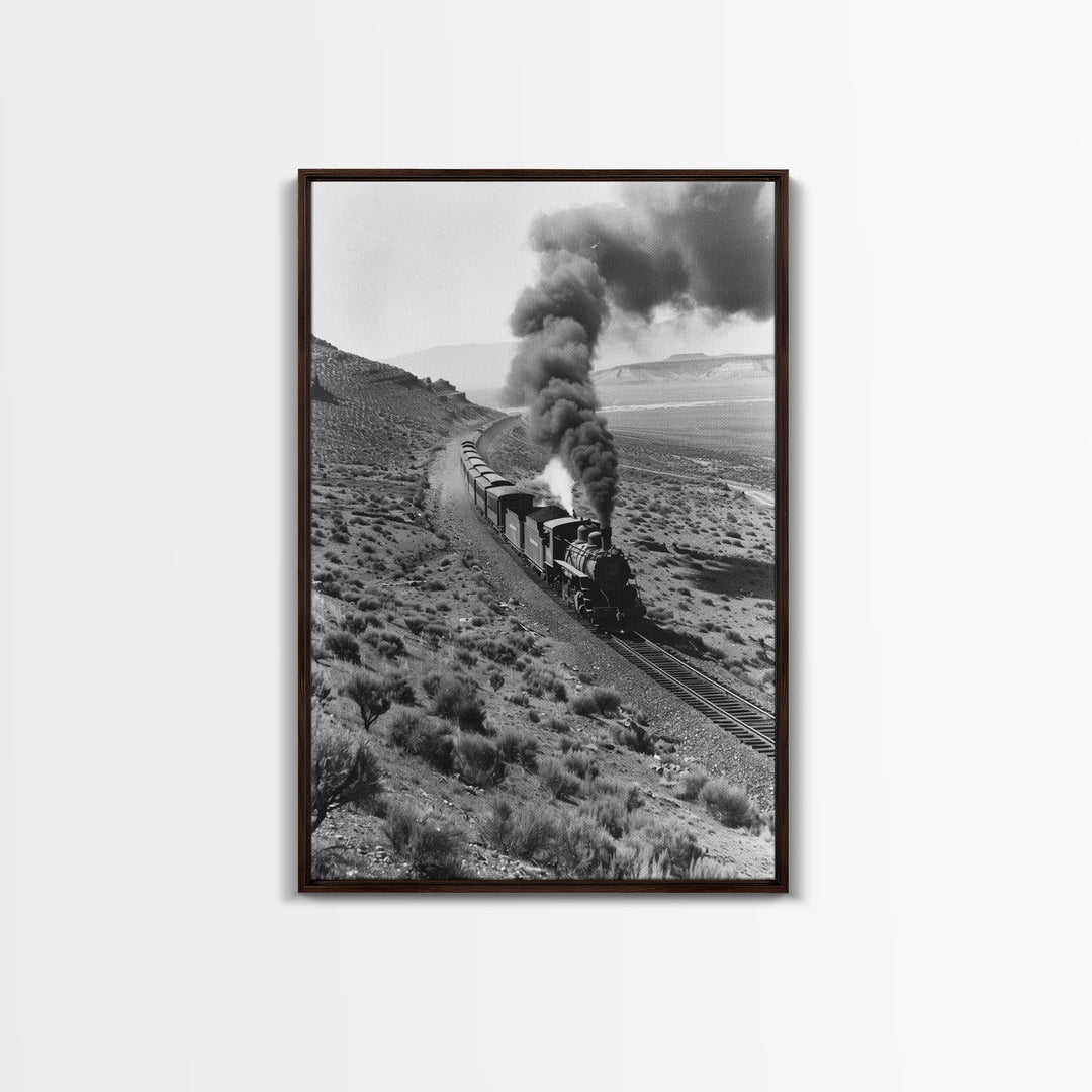 Train Journey Through the Desert Black and White Photography - Framed Canvas Print, Railroad Art, Rustic Train Wall Art Decor