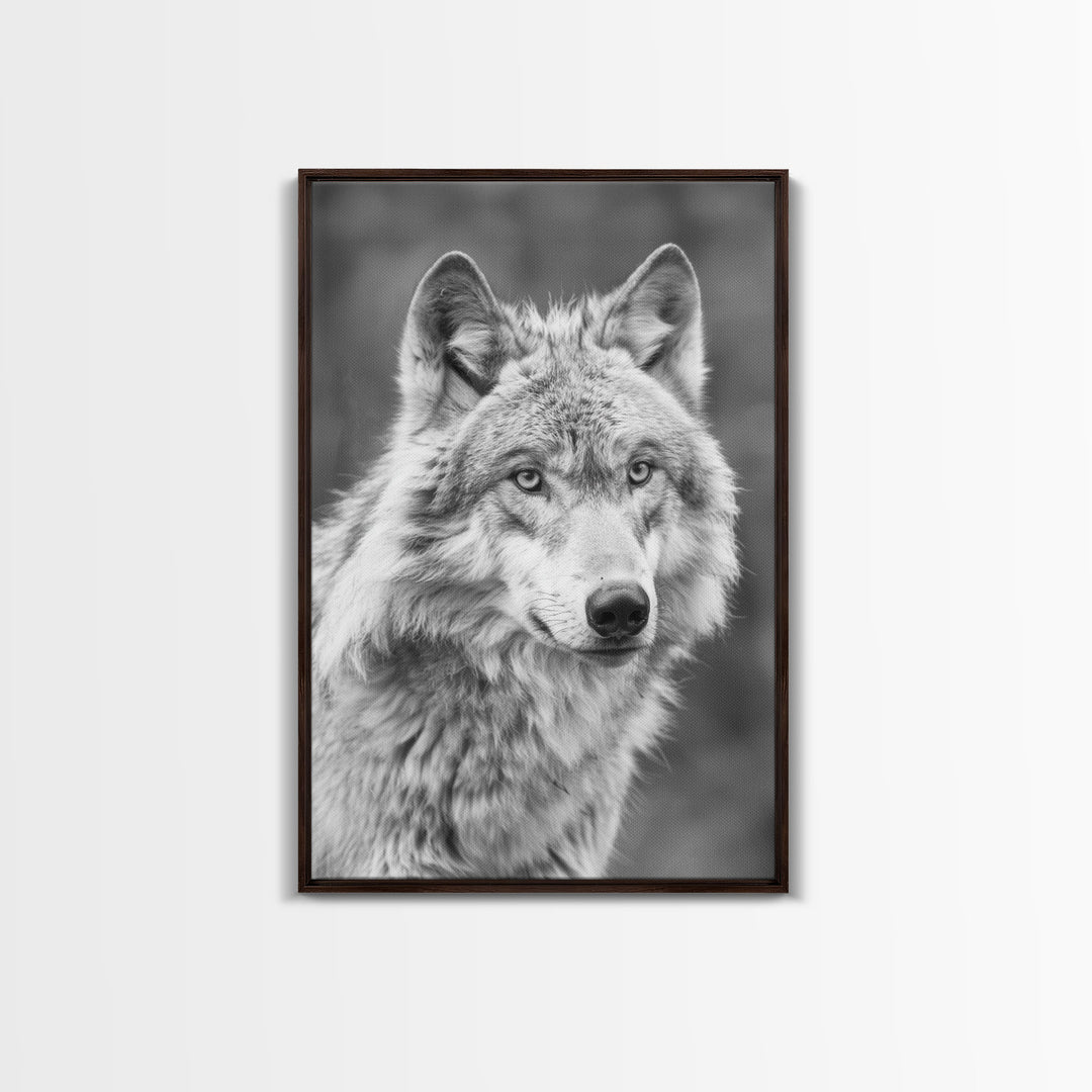 Wolf Portrait in Black and White Photography - Framed Canvas Print, Wildlife Photography, Rustic Wolf Art for Home Wall Decor