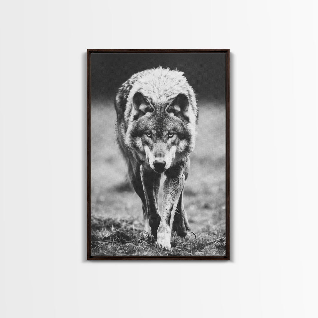 Majestic Wolf Black and White Art Print - Framed Canvas Wall Decor, Wildlife Art for Living Room, Rustic Animal Wall Art for Home