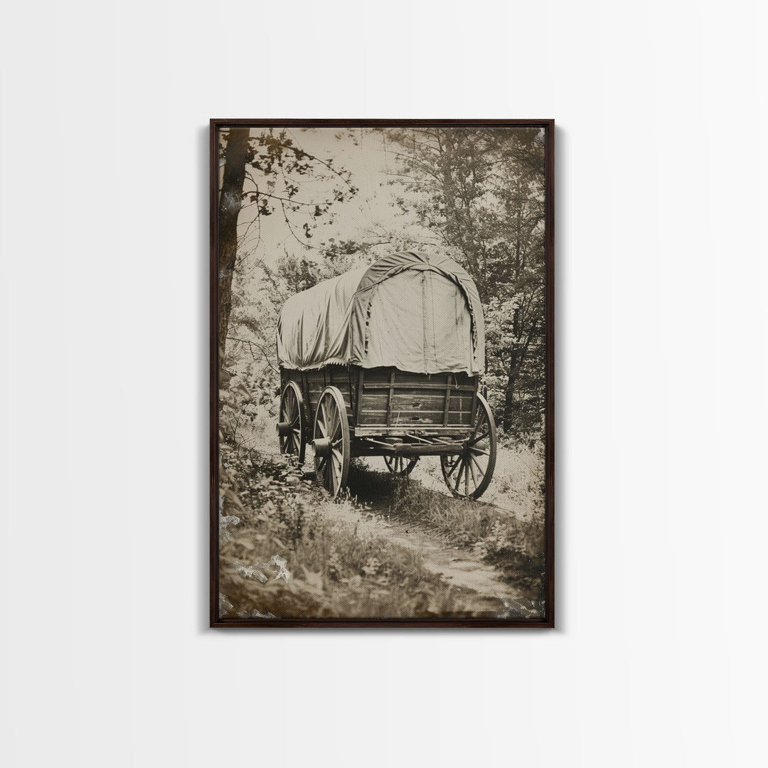 Pioneer Wagon in the Woods - Antique Canvas Print, Rustic Western Wall Art, Vintage Wagon Decor, Historical Art for Living Room