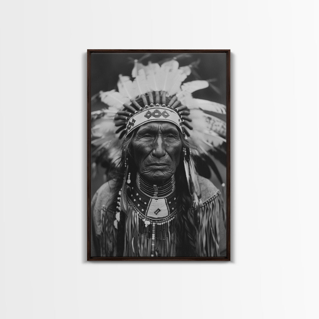 Native American Elder Sepia Print - Framed Canvas Wall Art, Indigenous Decor, Historical Artwork for Living Room, Rustic Wall Art