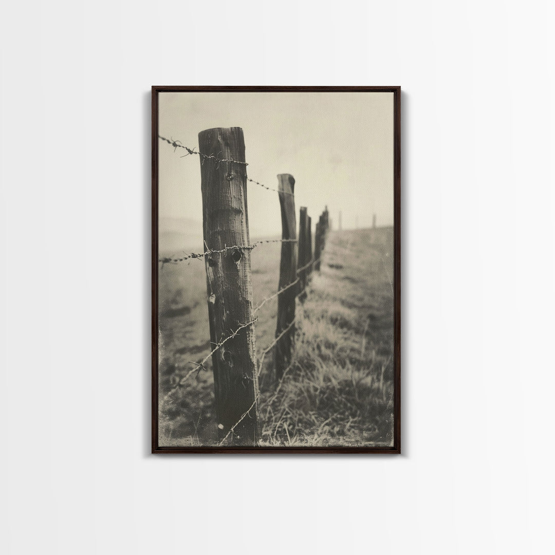 Rustic Barbed Wire Fence Sepia Print - Framed Canvas Wall Art, Western Decor for Living Room, Vintage Fence Art, Farmhouse Decor