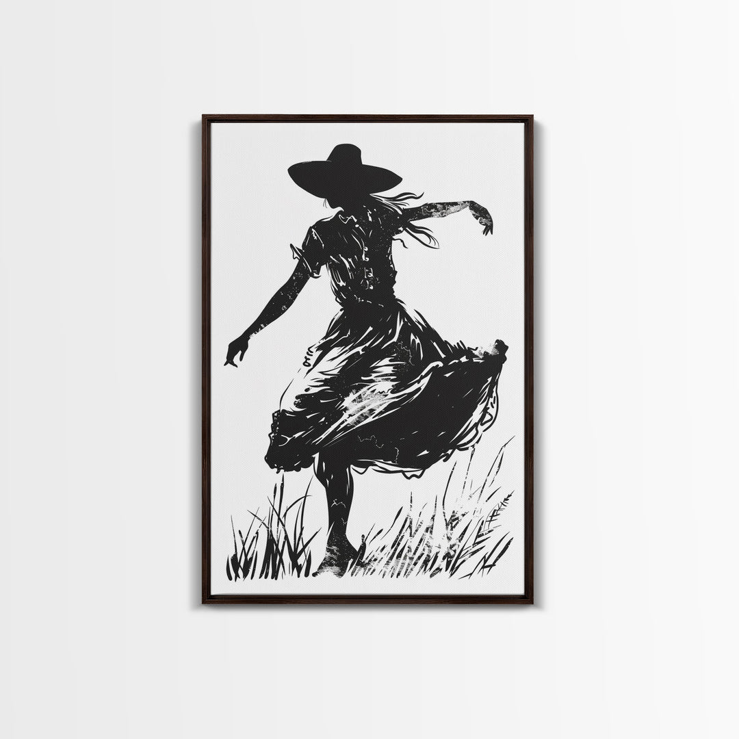 Country Girl Silhouette Art Print, Framed Canvas Western Decor, Vintage Cowgirl Artwork, Rustic Southwest Wall Art for Home