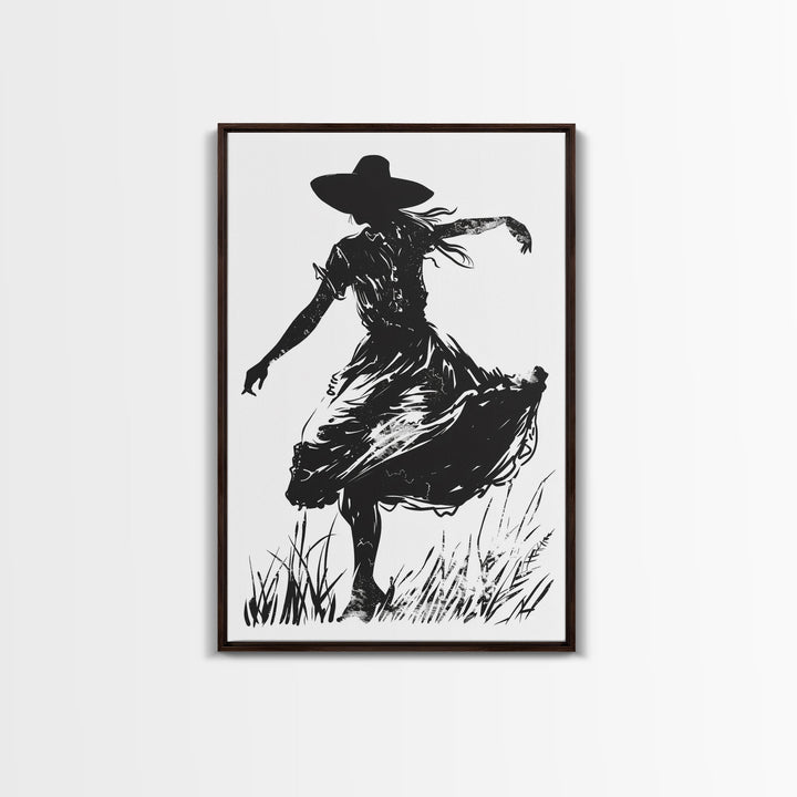 Country Girl Silhouette Art Print, Framed Canvas Western Decor, Vintage Cowgirl Artwork, Rustic Southwest Wall Art for Home