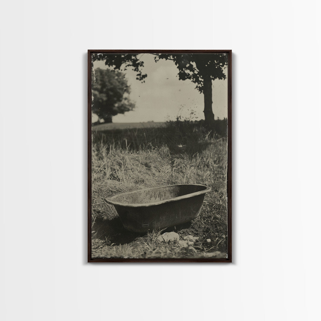 Vintage Farm Bathtub Sepia Print - Framed Canvas Wall Art, Rustic Country Decor, Antique Bathtub Artwork for Living Room, Farmhouse Art