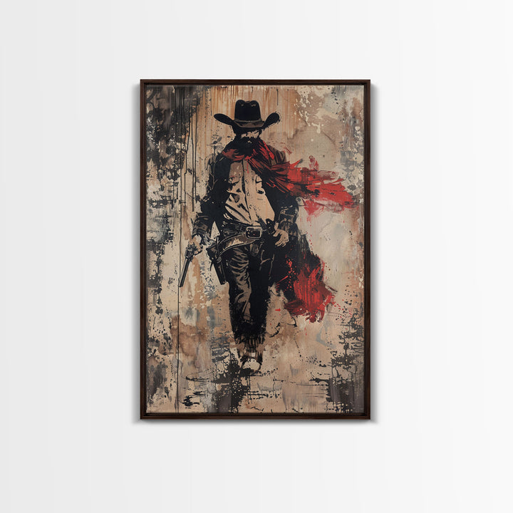 Cowboy with Red Scarf Art Print - Framed Canvas Western Wall Art, Rustic Cowboy Decor for Living Room, Vintage Western Artwork, Cowboy Art