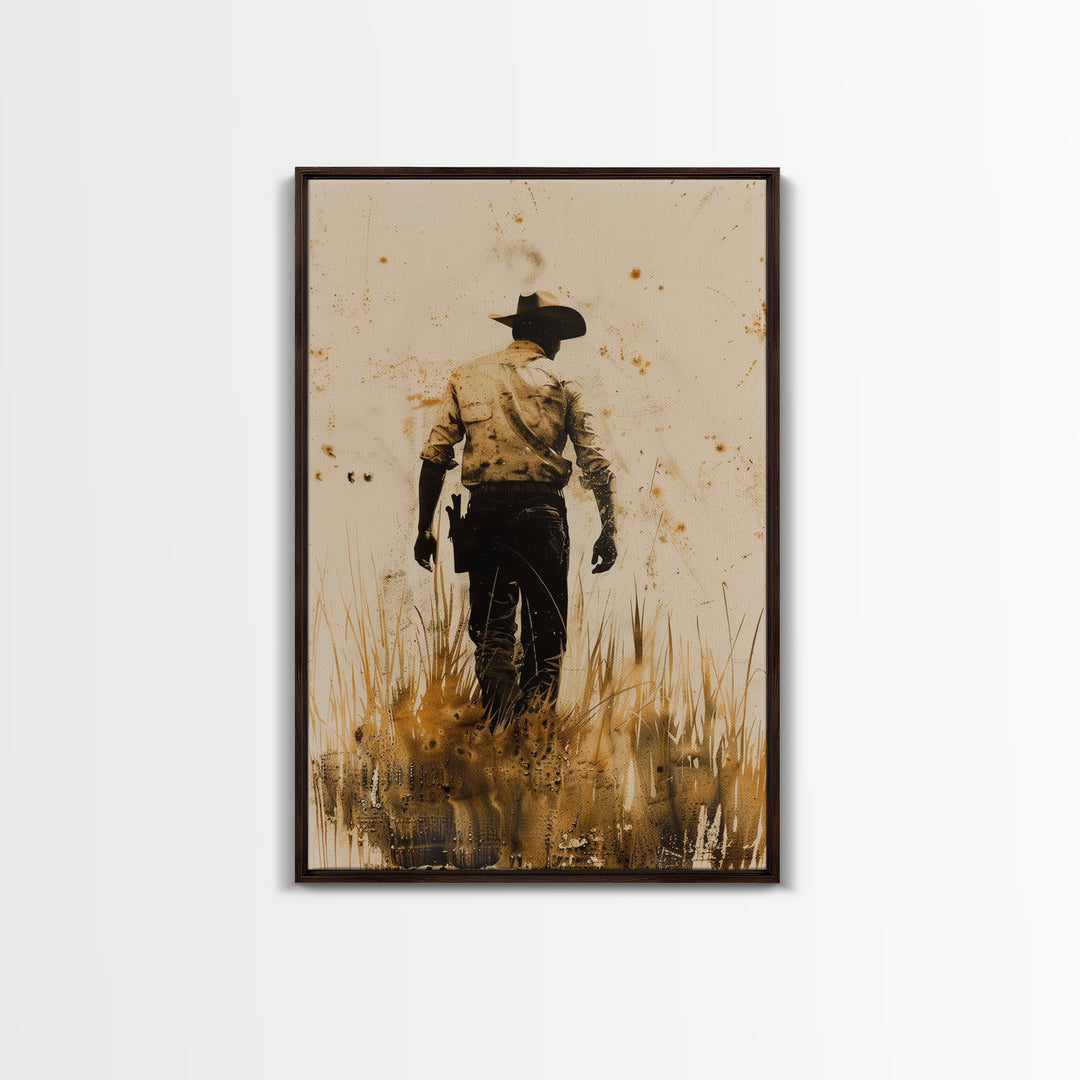 Cowboy Walking in the Field Print - Framed Canvas Wall Art, Rustic Western Decor, Cowboy Artwork for Living Room, Vintage Art, Rustic Decor